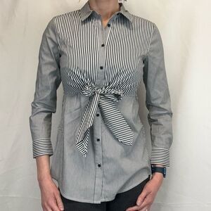 Como Vintage Women's Striped Tie Bust Button Blouse S SM Small Black White Tunic